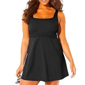 Swimsuits For All Women's Plus Size Braided Squareneck  Empire Waist Swimdress